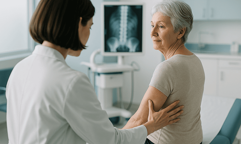 Doctor examining a senior woman's back in a medical consultation room.