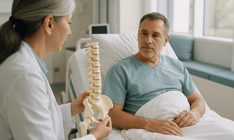 Doctor explaining spinal anatomy to a patient in hospital room.