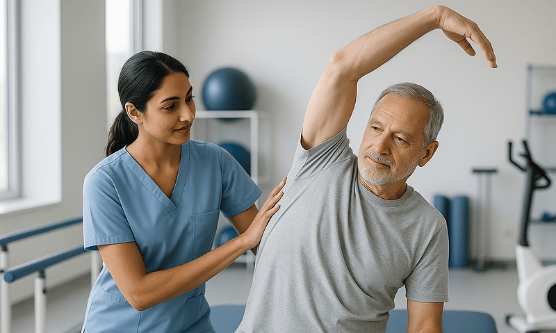 Physical therapy session for spinal stenosis recovery with healthcare professional.