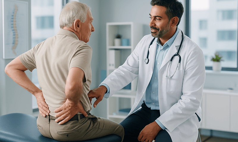 Doctor consulting with elderly patient about back pain in clinic.
