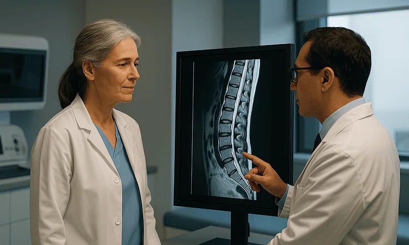 Doctor explaining spinal MRI scan to a senior female patient in a hospital setting.