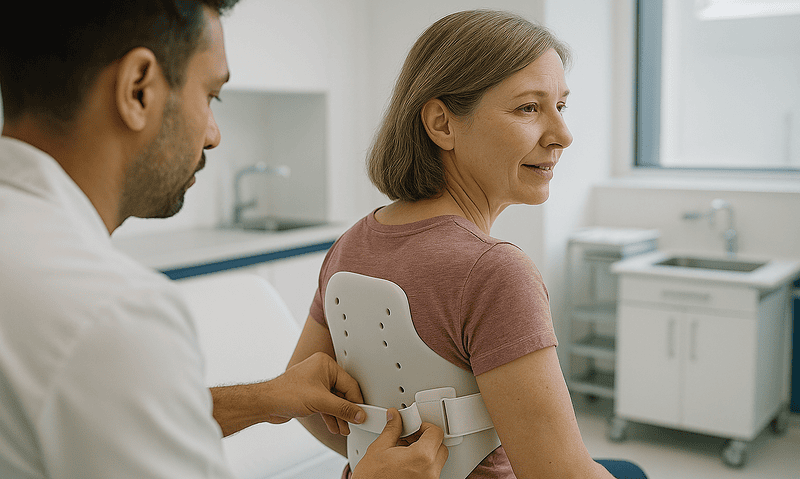 Doctor preparing a woman for a medical scan in a clinical setting.