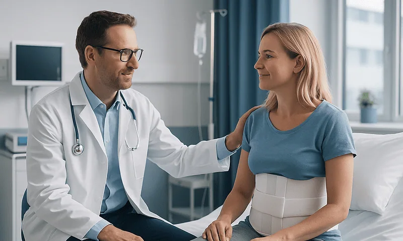 Doctor consulting with a patient in a hospital room.