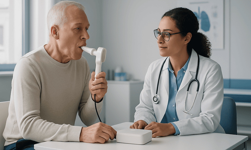Doctor performing spirometry test on elderly patient in clinic.