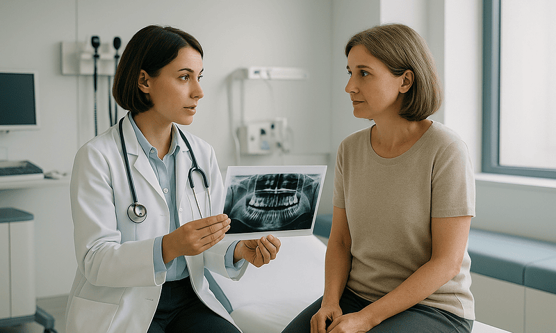 Doctor explaining dental X-ray to patient in a medical consultation room.