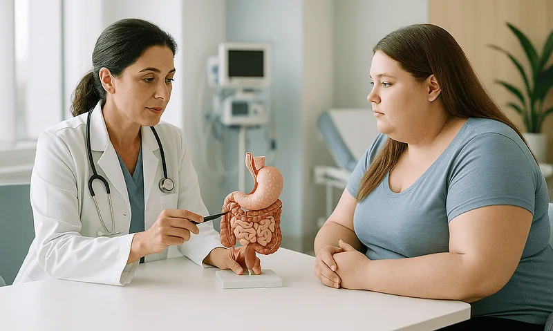 Doctor explaining digestive system to patient with model at hospital.