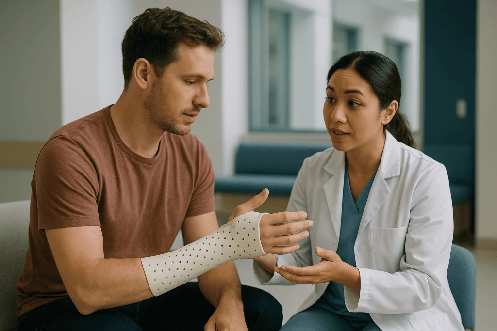Healthcare professional examining patient's wrist splint: Splint after hand surgery: casts, thermoplastic splints and why th