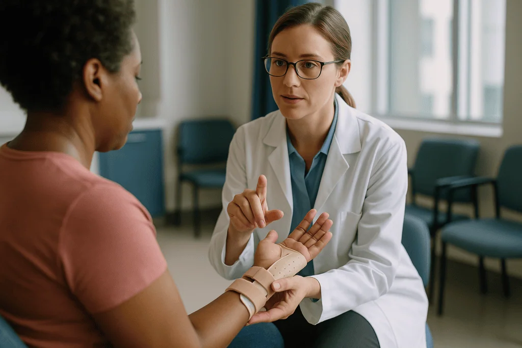 Doctor examining patient's wrist with orthopedic splint: Splint days: what the splint is for and how long it usually stays