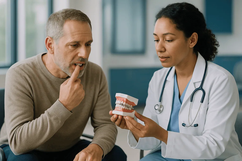 Dentist consulting patient about dental model and tooth treatment: Splinting after dental trauma: knocked, tilted or pushed-