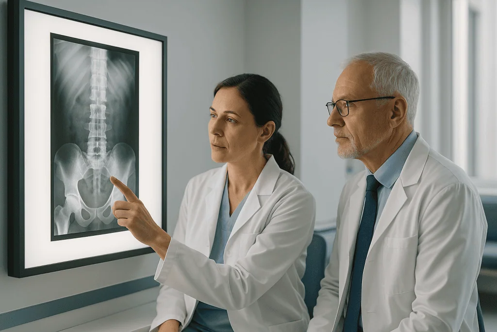 Spondylolisthesis 1 Doctor explaining spinal X-ray to a patient in a medical office.