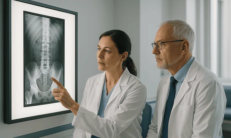 Doctor explaining spinal X-ray to a patient in a medical office.