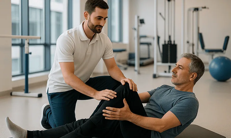 Physiotherapist assisting a patient during rehabilitation exercises at Acibadem Hospital.