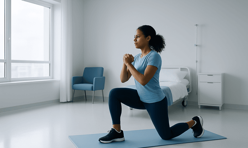 Woman doing lunges in a bright, modern hospital room.