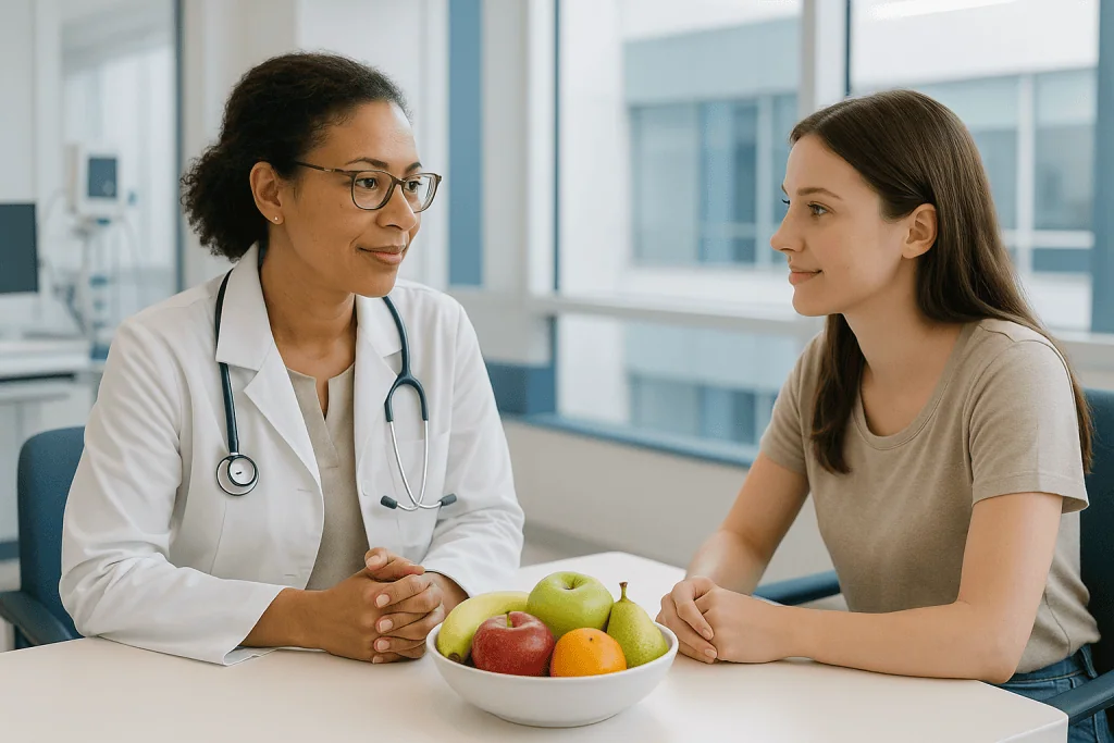Sportsman’s Hernia 1 Doctor consulting with a young female patient in a modern clinic setting.