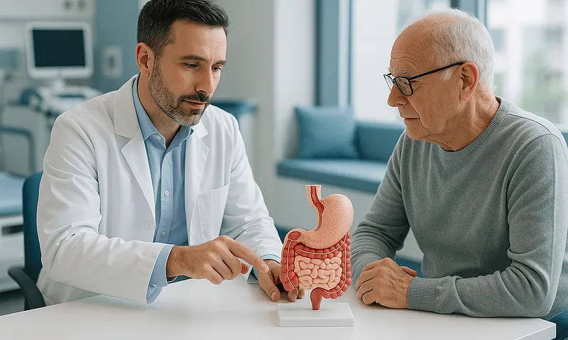 Doctor explaining gastrointestinal anatomy to an elderly patient.