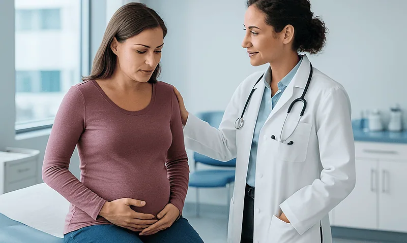 Doctor consulting pregnant woman in a medical clinic setting.