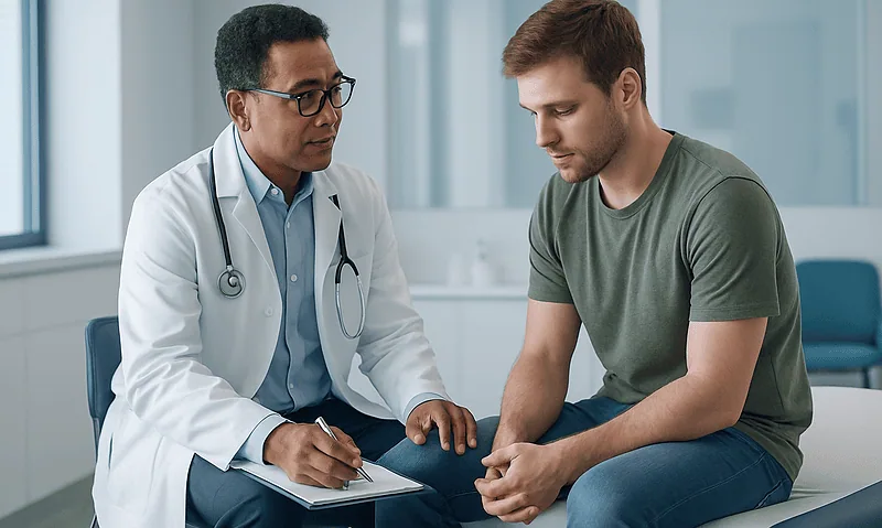 Doctor consulting with a young male patient in a medical office.