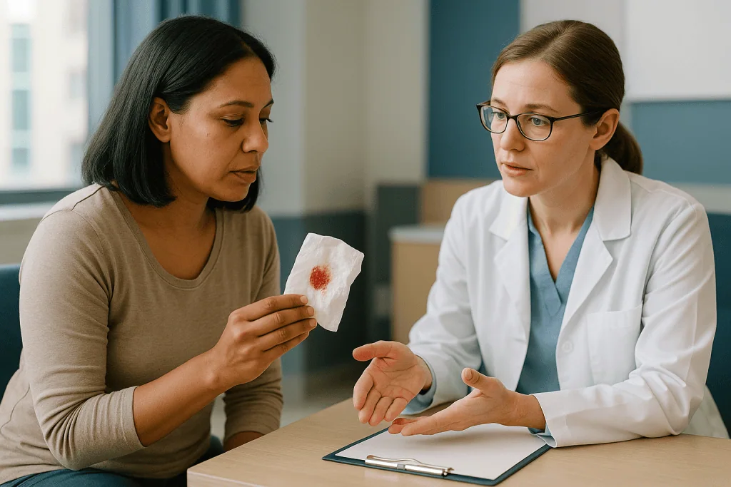 Doctor consulting patient about bleeding wound sample: Spotting versus bleeding: how to tell the two apart at home