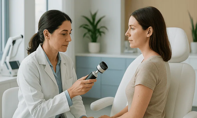 Doctor examining a patient in a medical consultation room at Acibadem Hospitals.