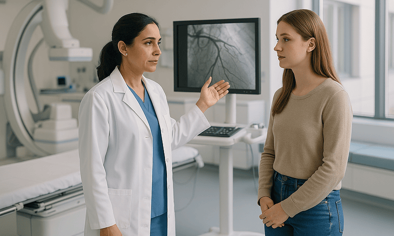 Doctor explaining heart scan results to a patient in a hospital.
