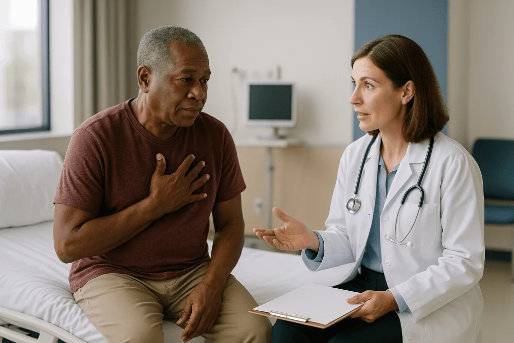 Doctor consulting with male patient about chest symptoms — Stable vs unstable angina: the difference is pattern, not pain