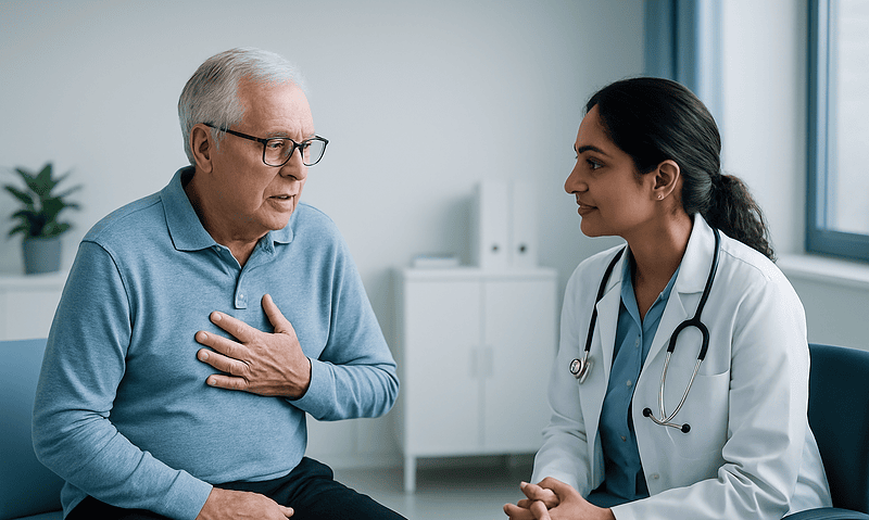 Doctor consulting with an elderly patient in a medical office.