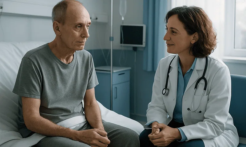 Doctor consulting with an elderly male patient in hospital room.