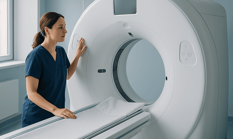 Medical technician prepares MRI scan in a hospital setting.