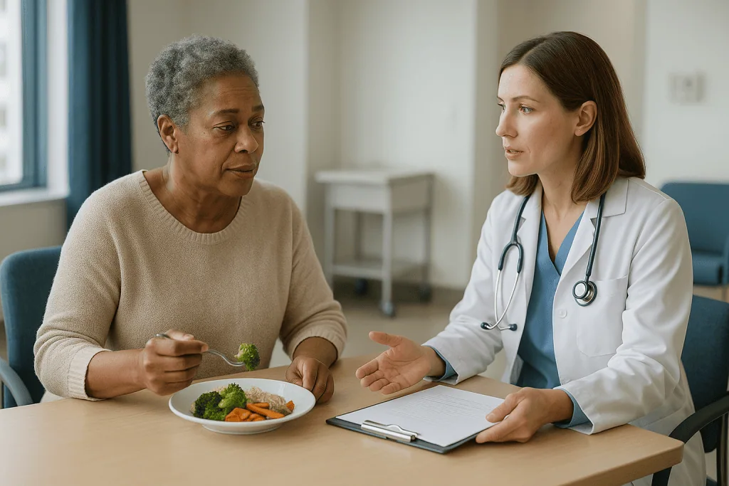 Doctor consulting patient about healthy diet with vegetables: Stage II colon cancer: who is offered chemotherapy and who is 