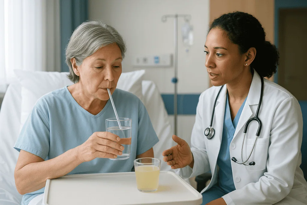 Doctor consulting patient drinking water in hospital room: Stage one: clear and full liquids in the first days