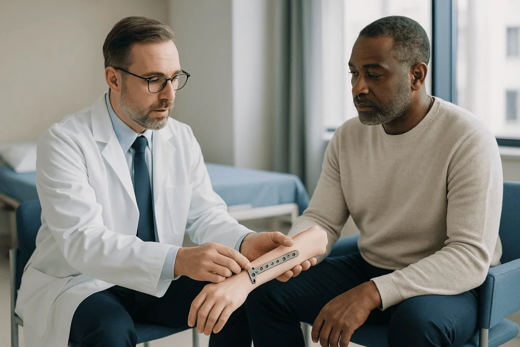 Doctor examining patient's arm with medical device: Stage one: how broken bone is realigned and held with plates and screws