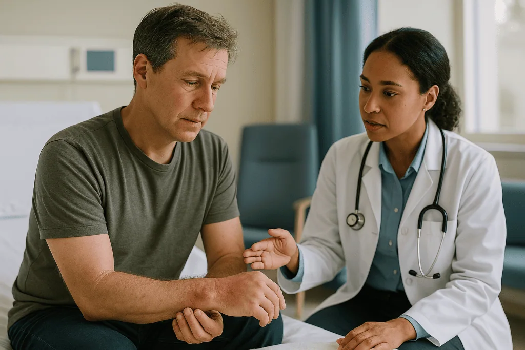 Doctor examining patient's arm in clinic consultation — Stage one: the blood clot and the swelling in the first days after a 