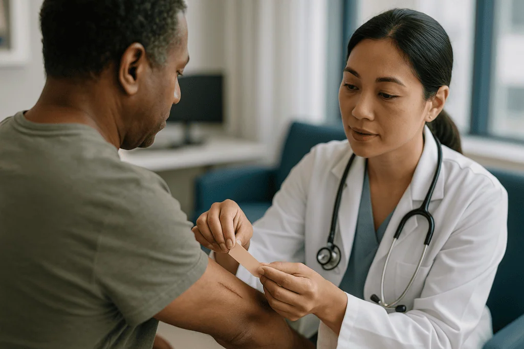 Doctor applying bandage to patient's arm in consultation: Stage one: the first week, when the body seals the breach