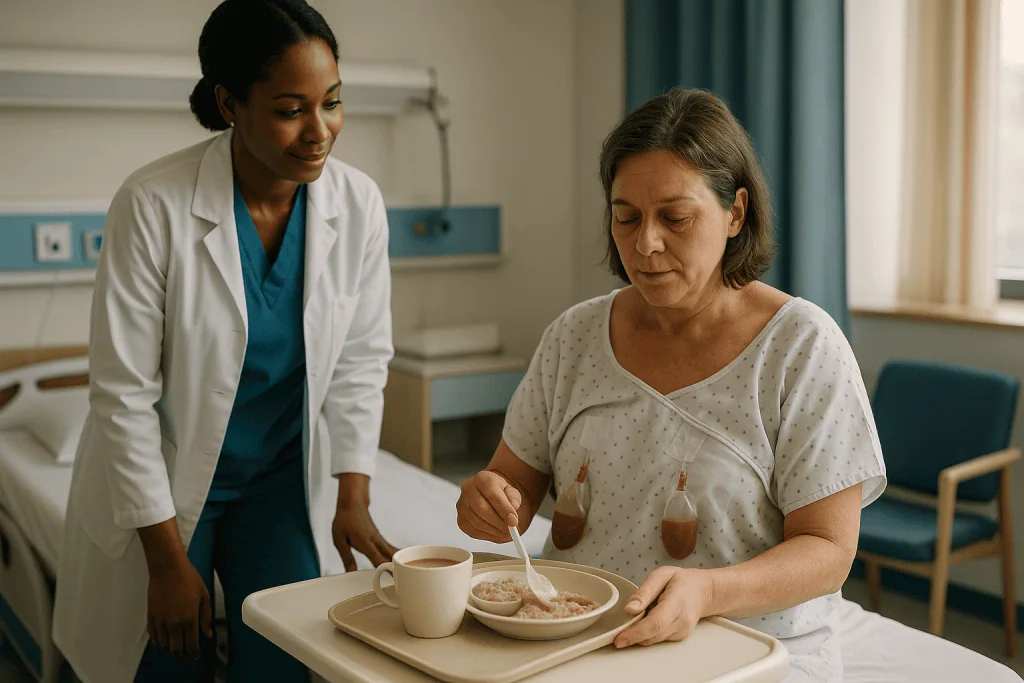 Patient eating hospital meal with nurse observing: Stage one: the hospital days, and is there really a worst day after breas