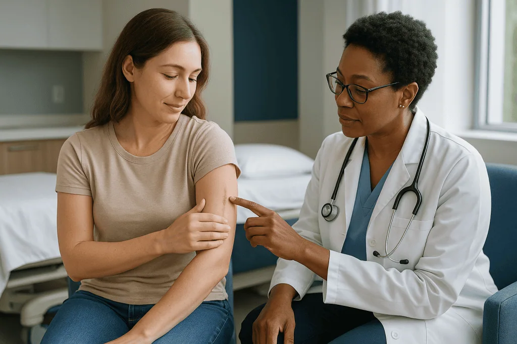 Doctor examining patient's arm during consultation: Stage three: months three to eighteen, the slow remodel