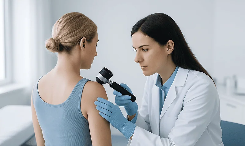 Dermatologist examining a patient's shoulder with a dermatoscope in a clinical setting.