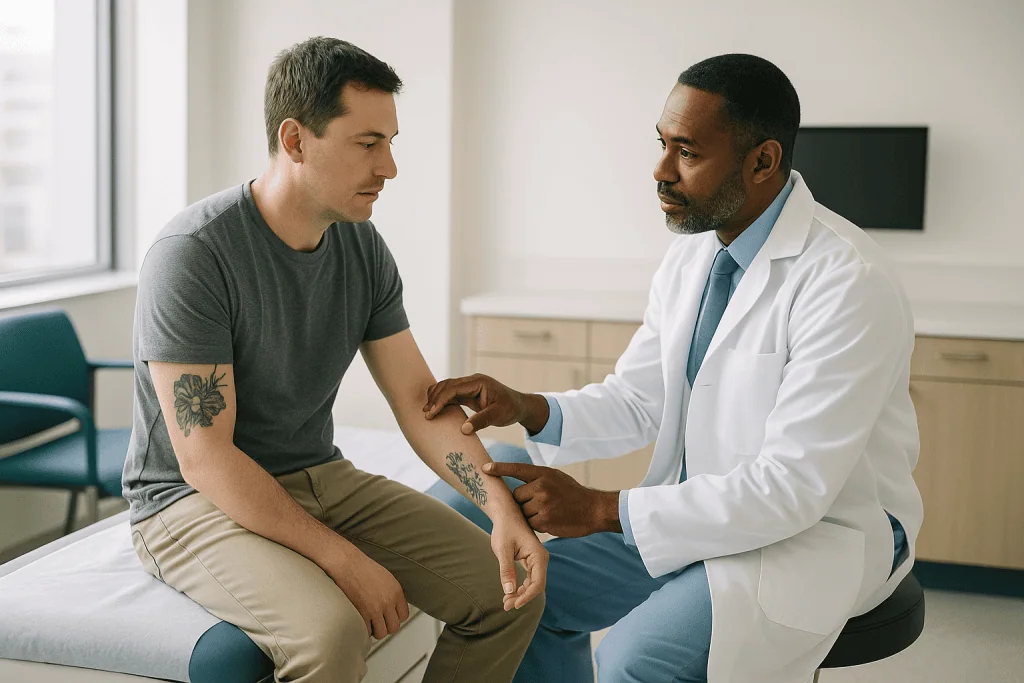 Doctor examining patient's arm in clinical consultation: Staged excision vs single excision vs laser: how surgical tattoo re