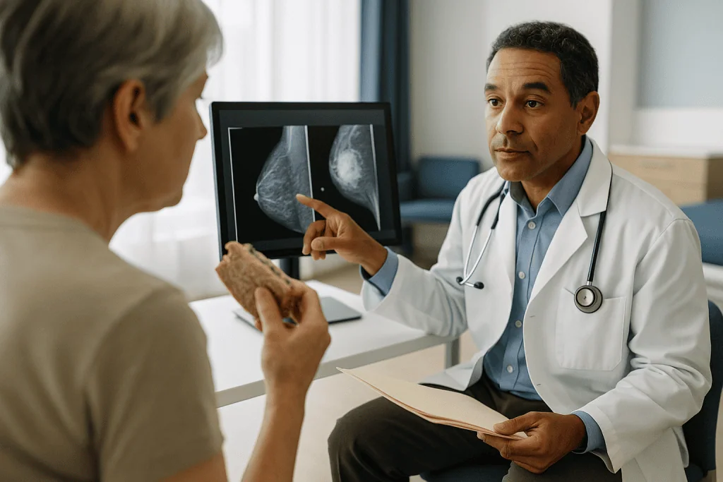 Doctor reviewing mammogram imaging with elderly female patient: Stages of cancer explained: what separates stage 1 or 2 from