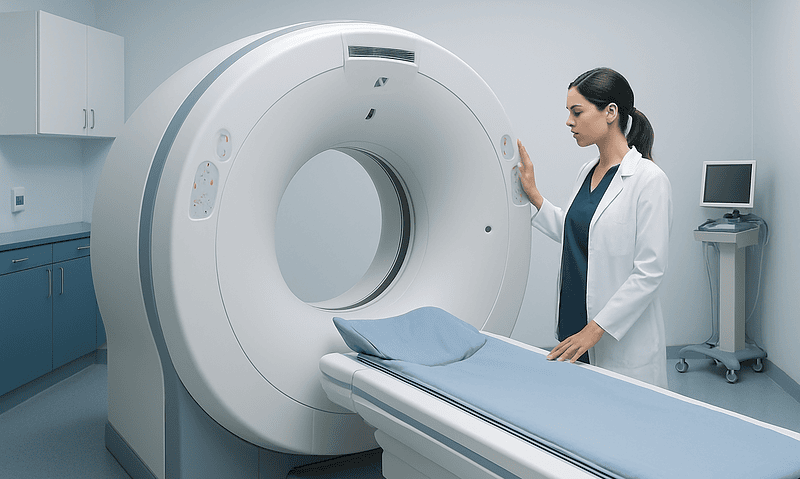 Staging Before Cancer Treatment Starts: How Imaging and Pathology Set the Plan 4 Medical professional prepares MRI machine for patient scan at Acibadem Hospital.