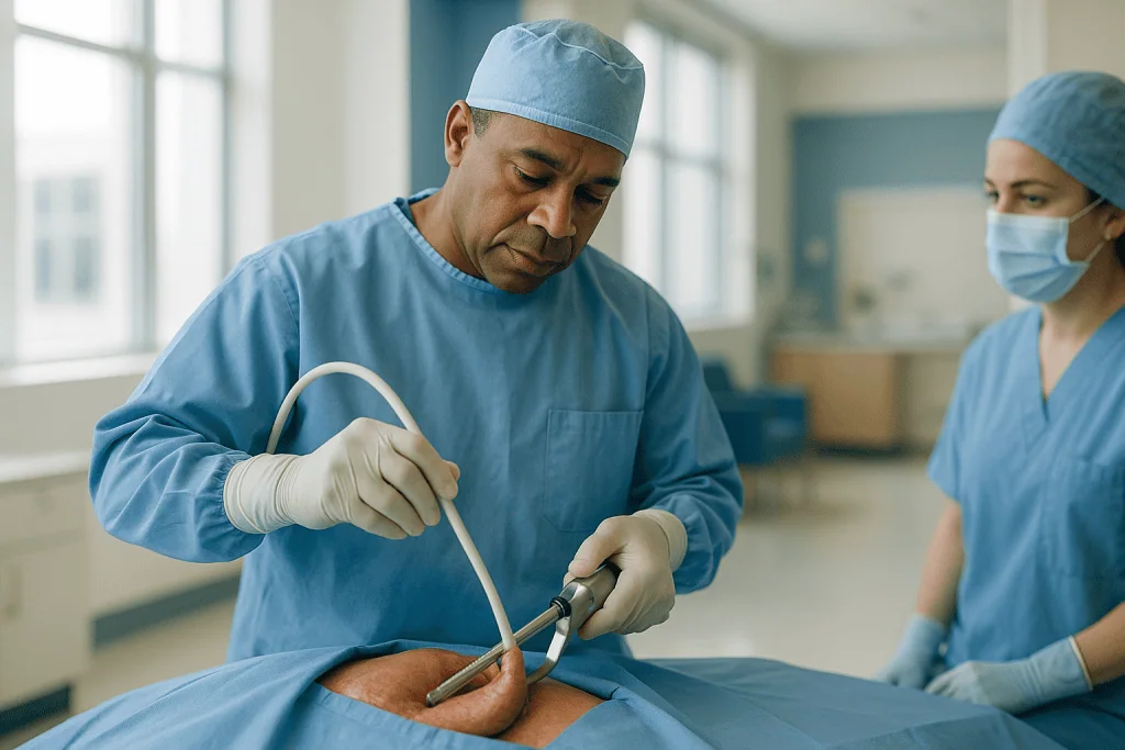 Surgeon performing minimally invasive abdominal procedure with assistant: Stapling the stomach: how the surgeon builds the s