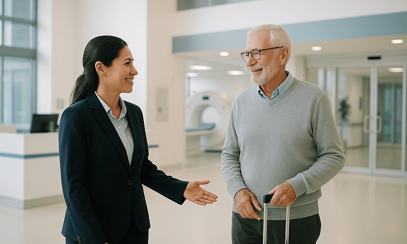Hospital staff assisting a senior patient with luggage in a modern hospital lobby.