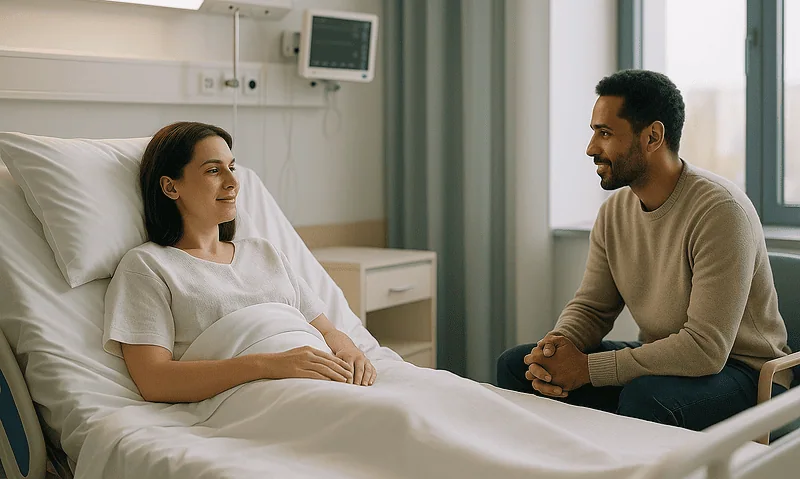 Patient and doctor discussing in hospital room in Turkey.