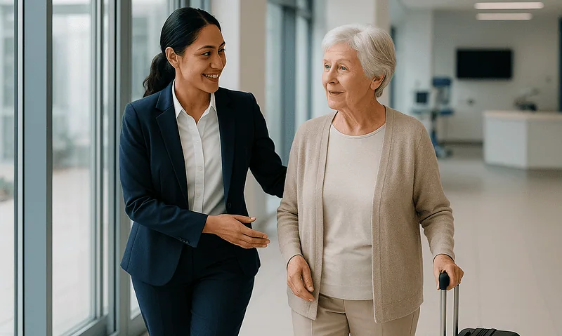 Hospital staff assisting an elderly woman with a suitcase in a modern hospital lobby.