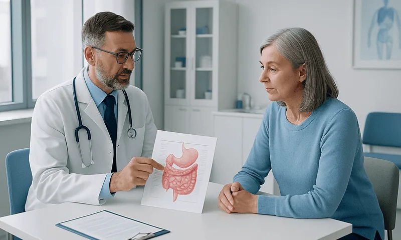 Doctor explaining digestive system to an older woman in a medical consultation.