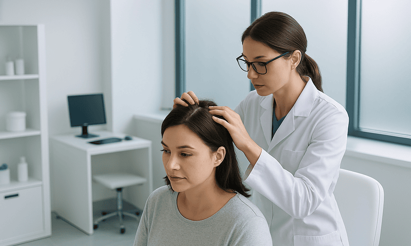 Doctor examining patient's scalp in a clinical setting.