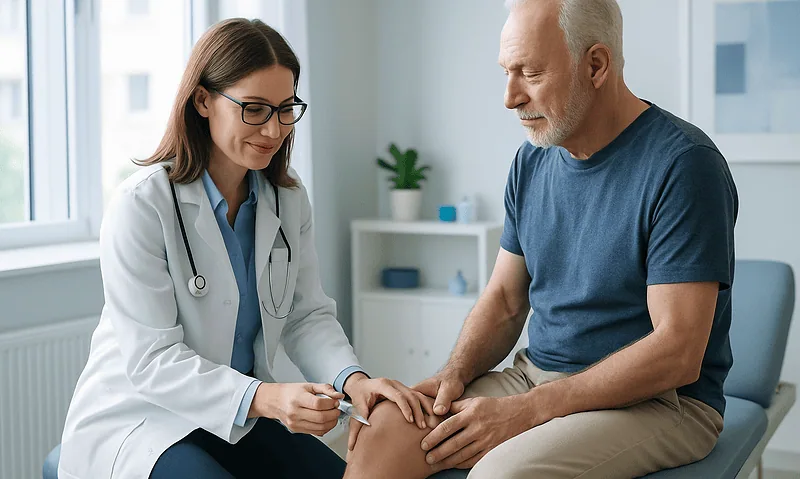 Doctor examining patient's knee in a medical consultation room.