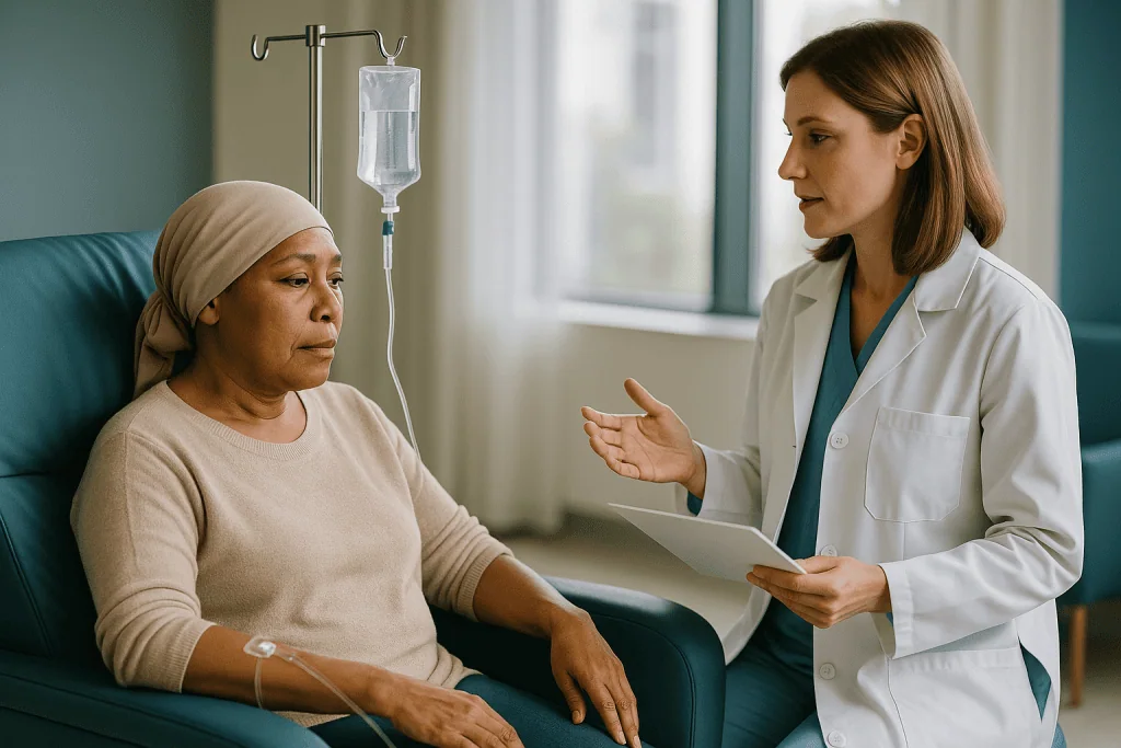 Doctor consulting patient receiving IV infusion therapy: Stem cell transplant for ALL: when it's needed in first remission