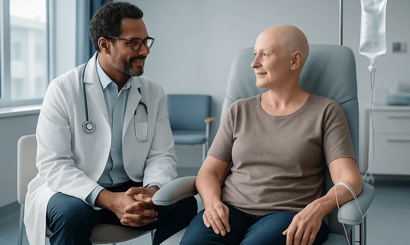 Doctor consulting with a patient in a hospital room.