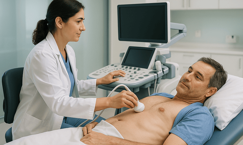 Cardiologist performing an ultrasound on a male patient in a hospital room.