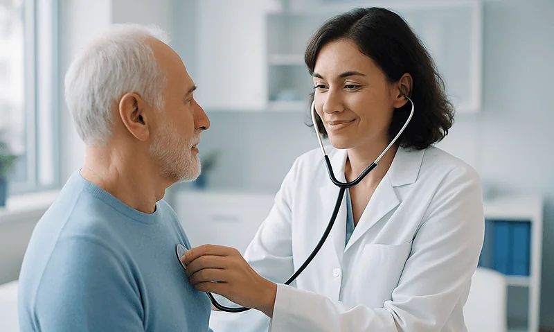 Doctor examining an elderly male patient with a stethoscope in a hospital.